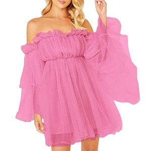 Romwe Women's Romantic Off Shoulder Flounce Long Sleeve Ruffle Party Dress Pink